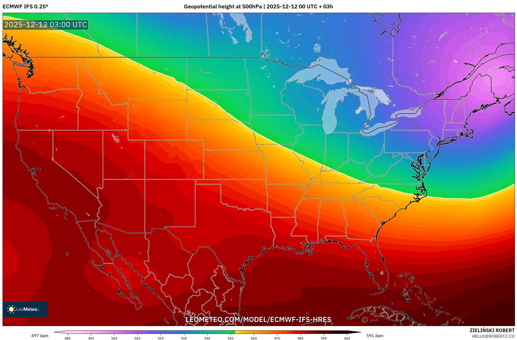 ECMWF IFS 0.25° model - Amerika Syarikat, Ketinggian geopotensial pada 500 hPa