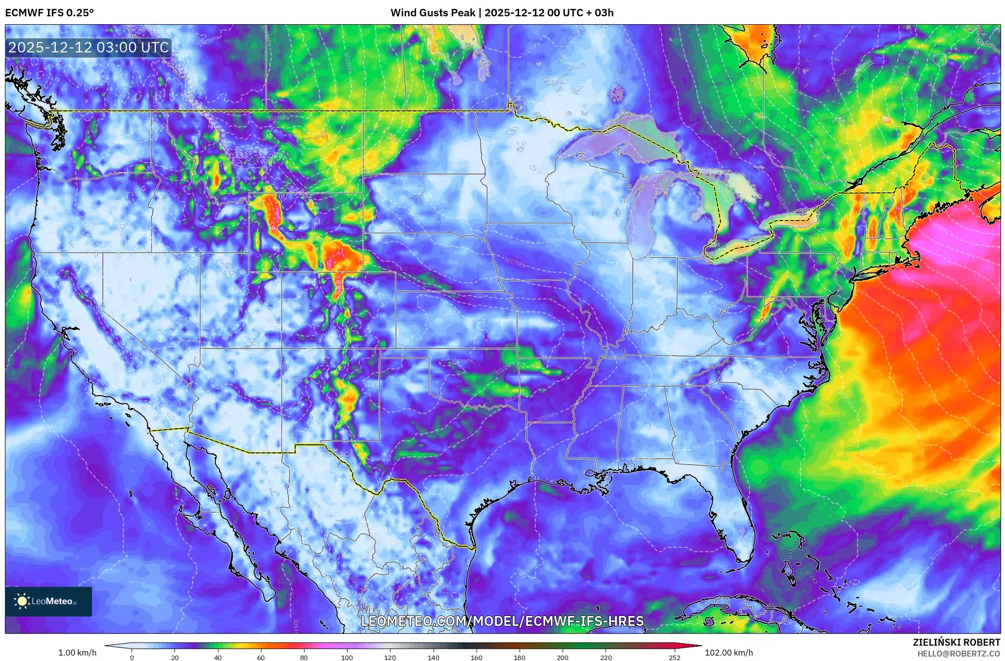 ECMWF IFS 0.25° model - Amerika Syarikat, Hembusan Tertinggi