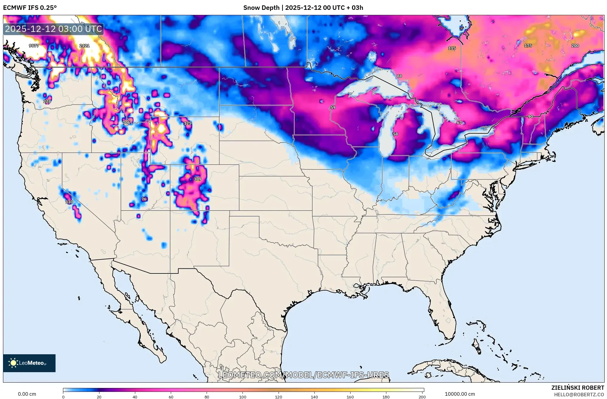 ECMWF IFS 0.25° model - Amerika Syarikat, Ketebalan Salji