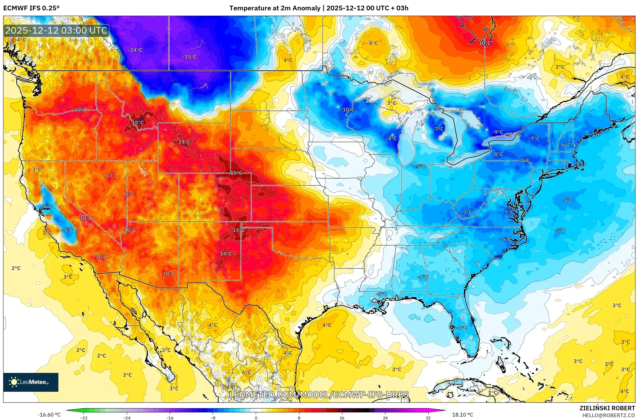 ECMWF IFS 0.25° model - Amerika Syarikat, Anomali Suhu 2 m