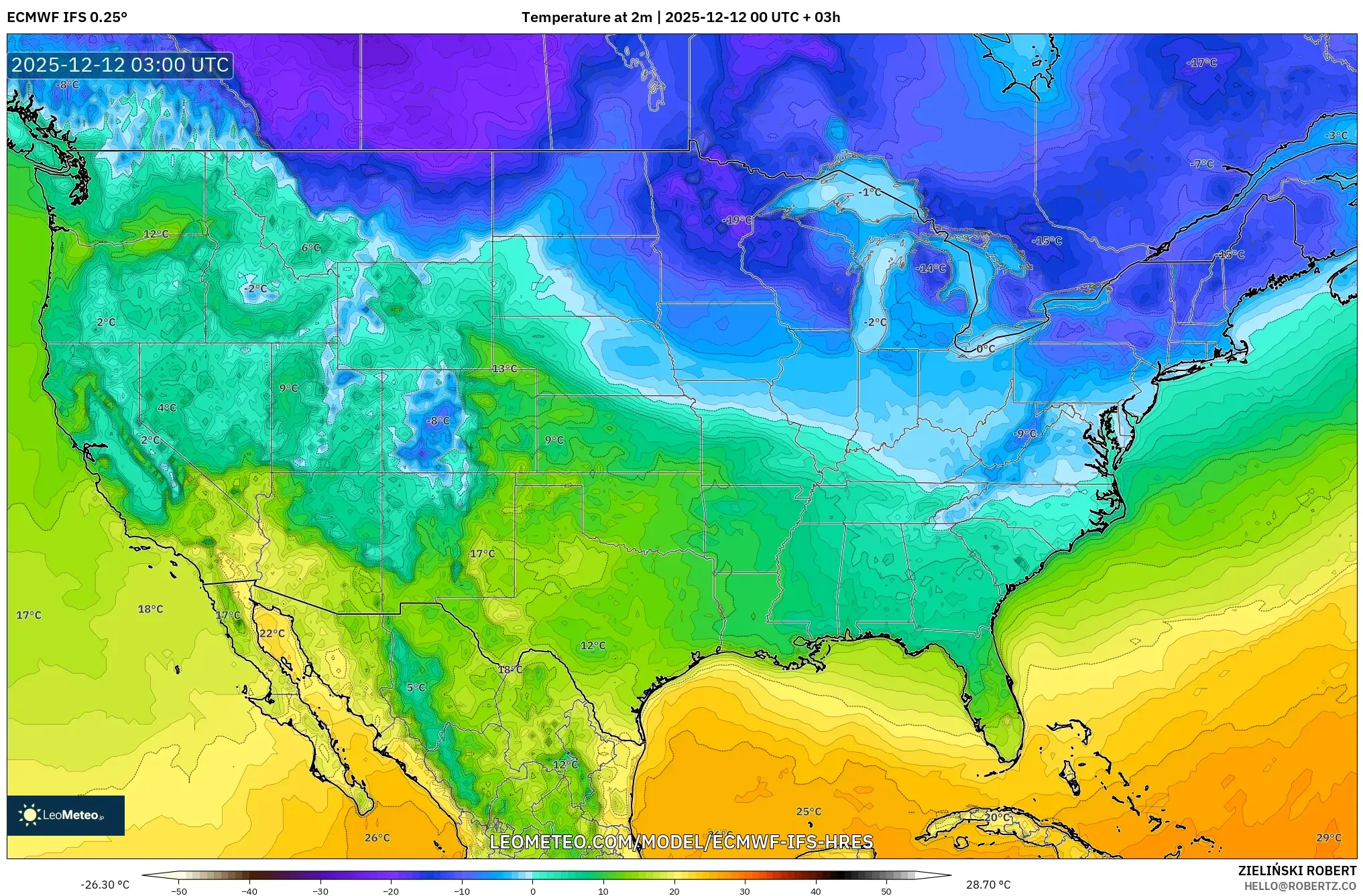 ECMWF IFS 0.25° model - Amerika Syarikat, Suhu pada 2 m