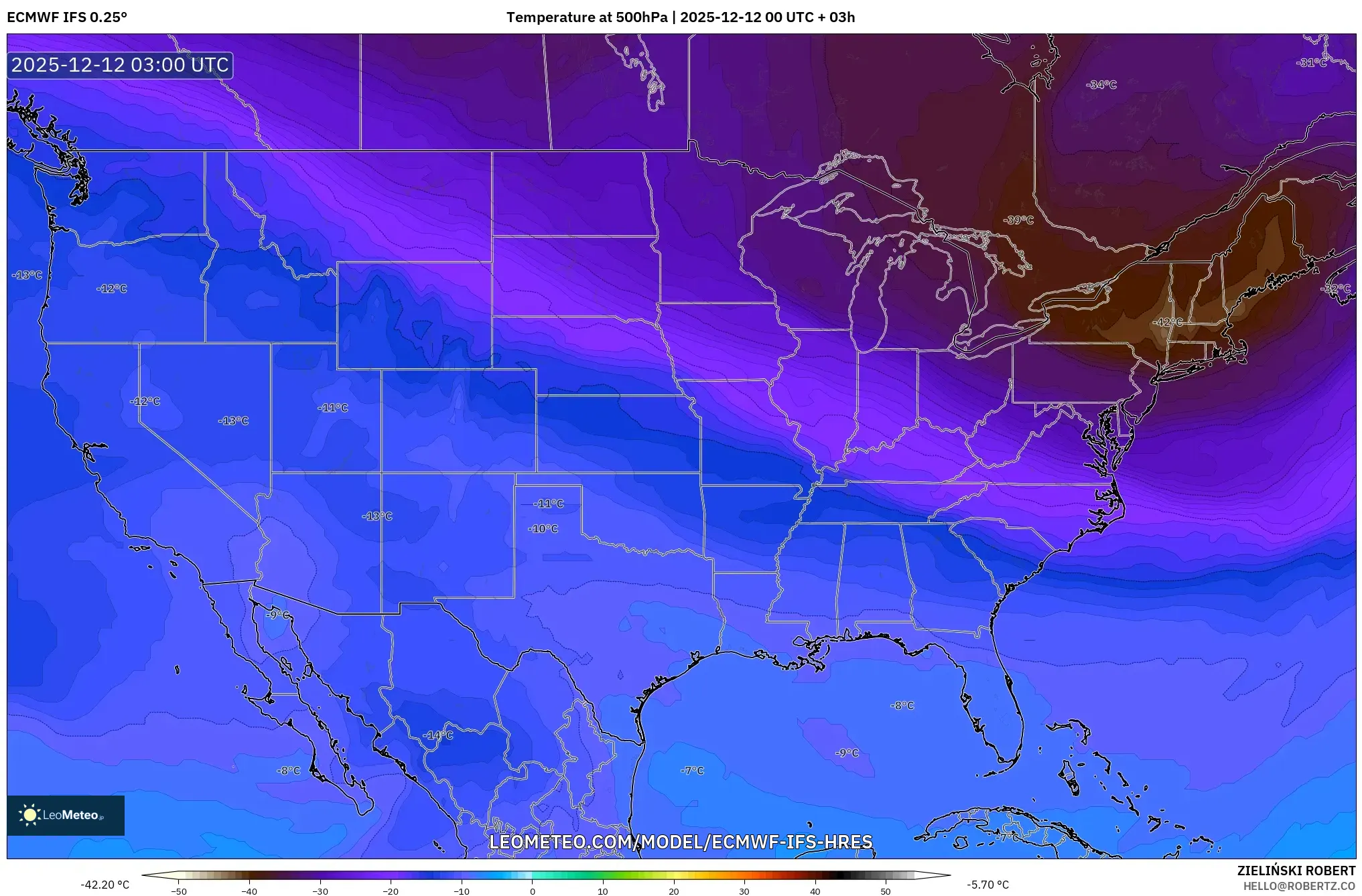 ECMWF IFS 0.25° model - Amerika Syarikat, Suhu 500 hPa