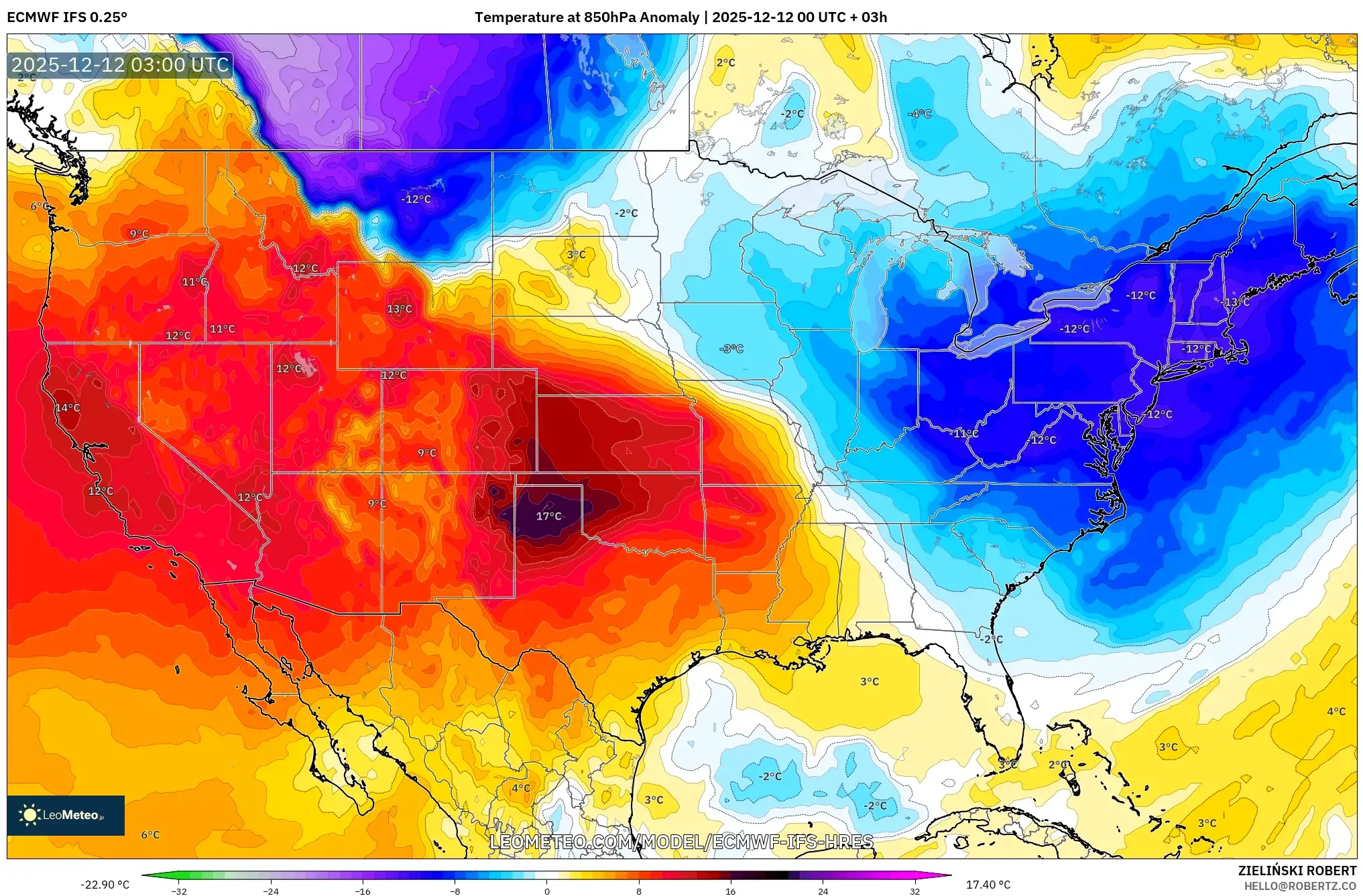 ECMWF IFS 0.25° model - Amerika Syarikat, Anomali Suhu 850 hPa