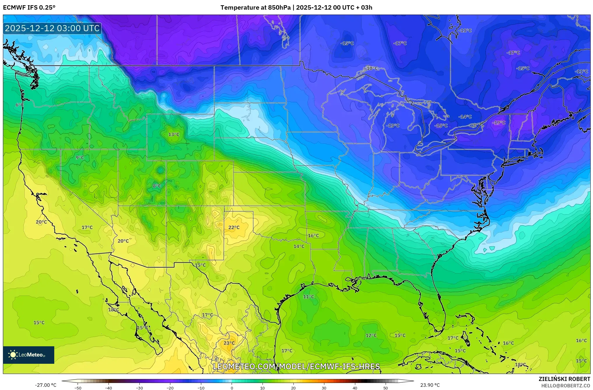 ECMWF IFS 0.25° model - Amerika Syarikat, Suhu 850 hPa