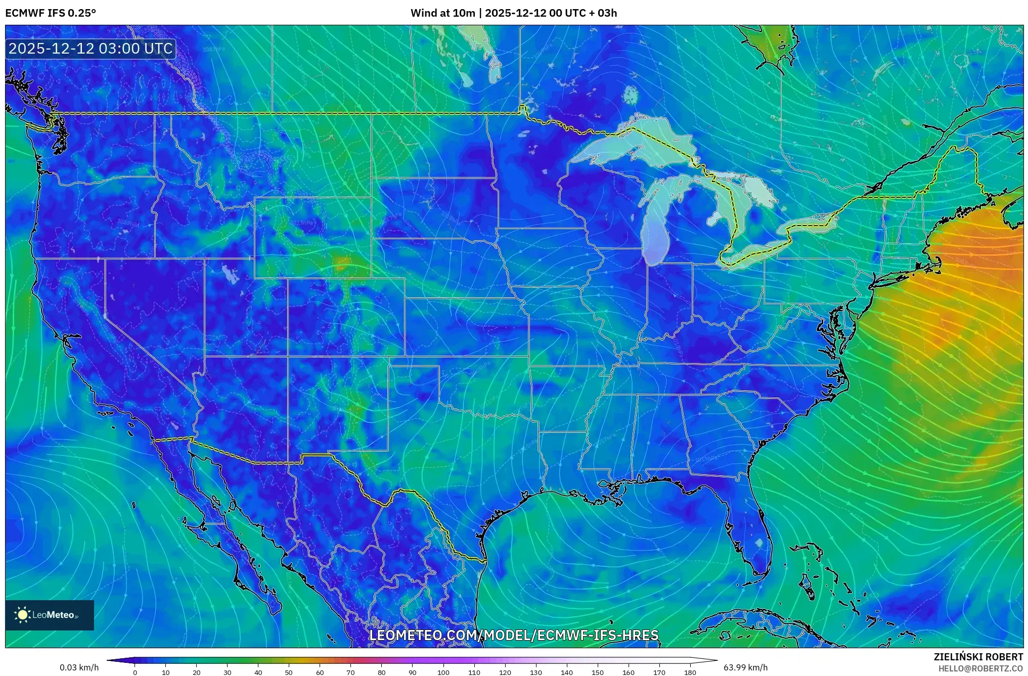 ECMWF IFS 0.25° model - Amerika Syarikat, Angin 10 m
