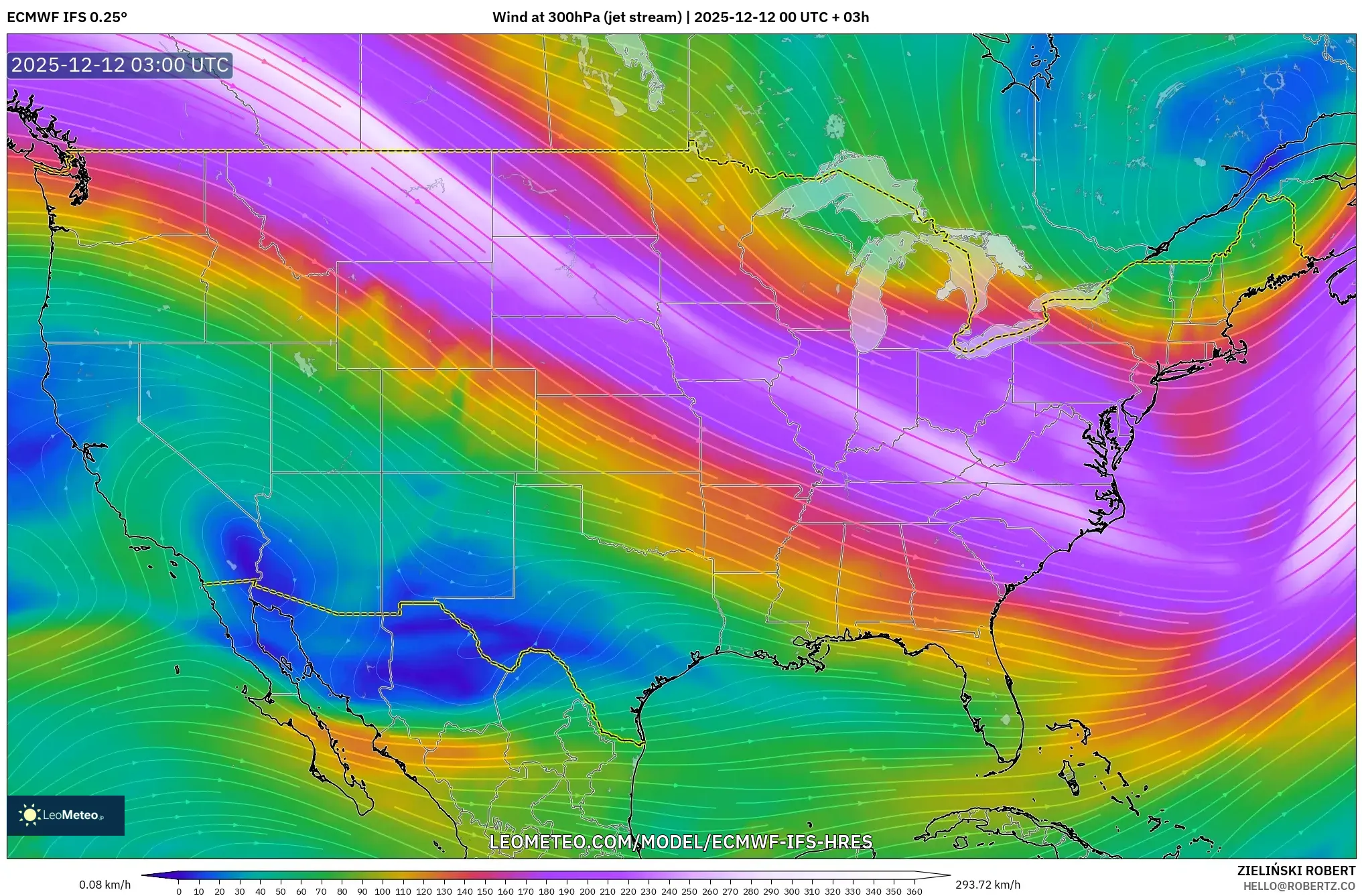 ECMWF IFS 0.25° model - Amerika Syarikat, Angin 300 hPa (aliran jet)