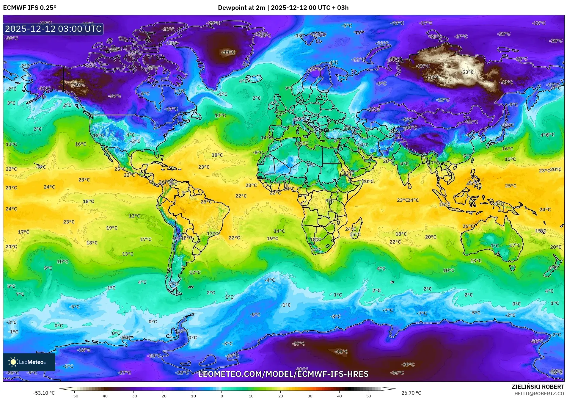 ECMWF IFS 0.25° model - Dunia, Takat Embun 2 m