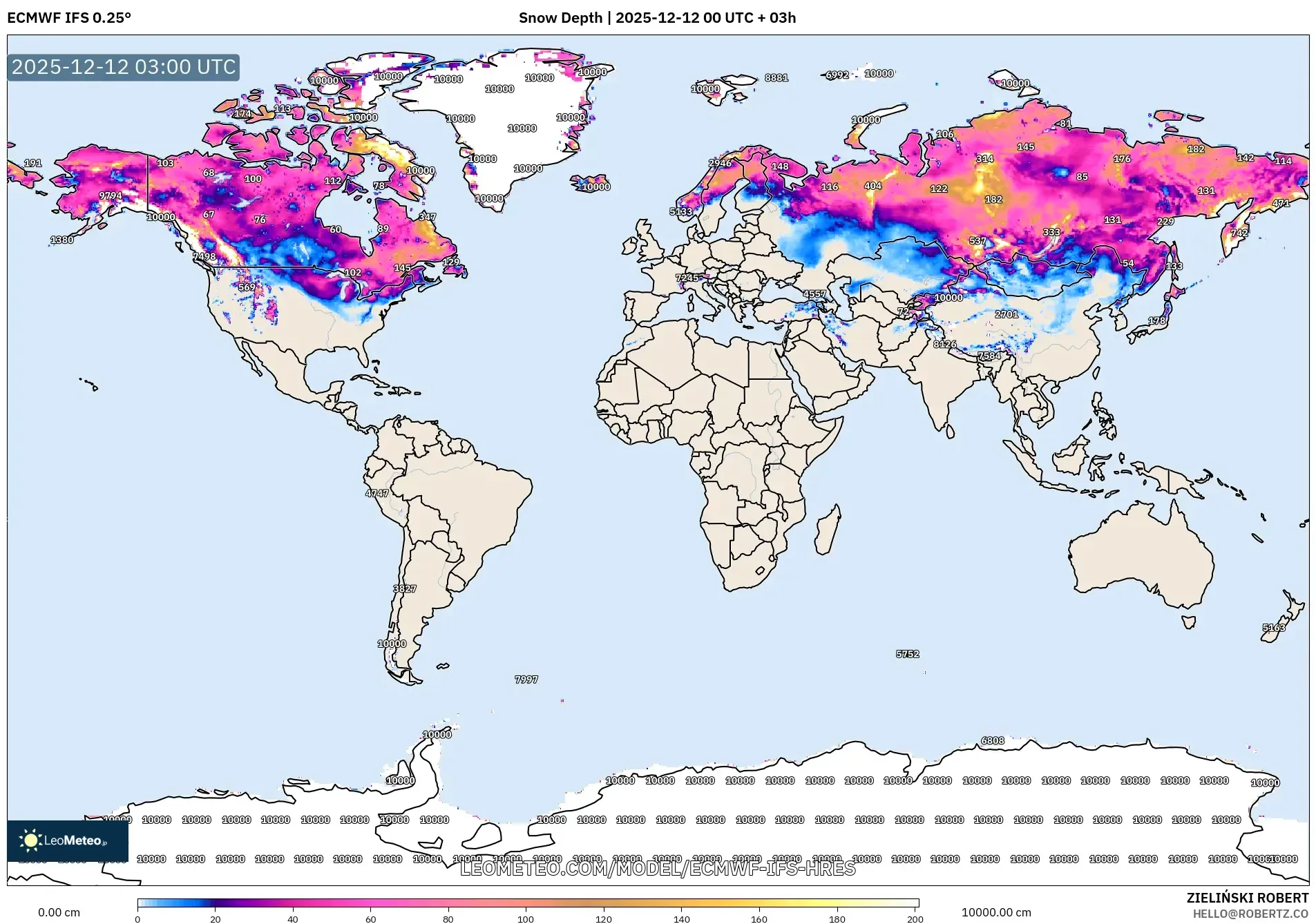 ECMWF IFS 0.25° model - Dunia, Ketebalan Salji