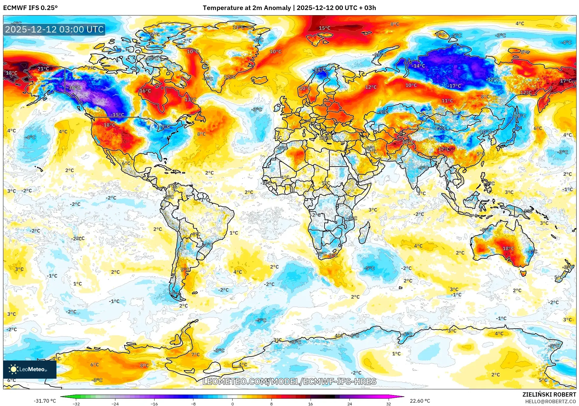 ECMWF IFS 0.25° model - Dunia, Anomali Suhu 2 m