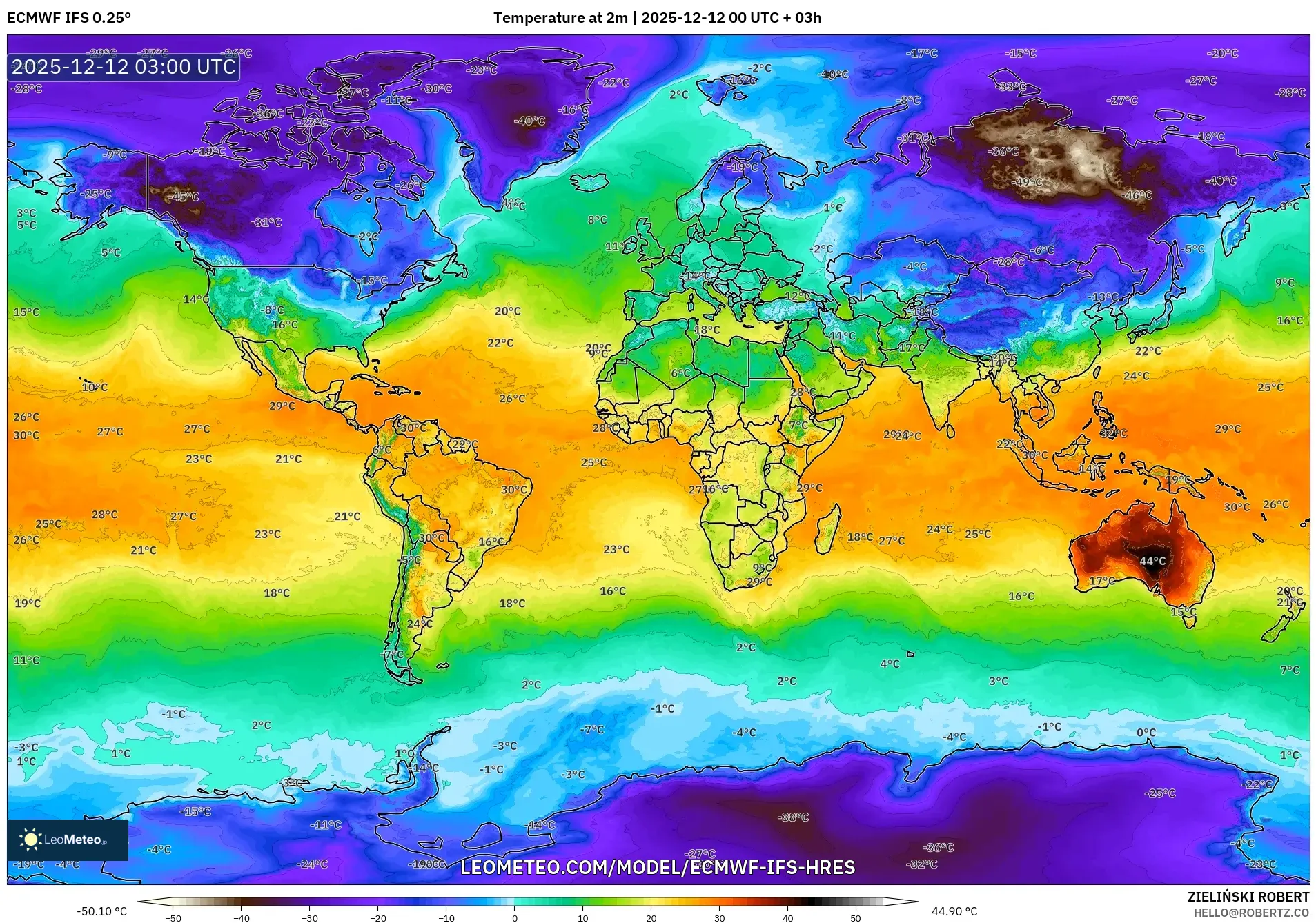 ECMWF IFS 0.25° model - Dunia, Suhu pada 2 m