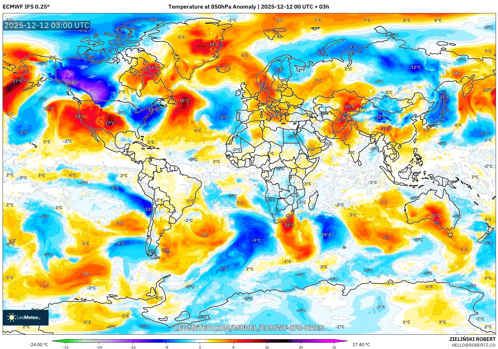 ECMWF IFS 0.25° model - Dunia, Anomali Suhu 850 hPa