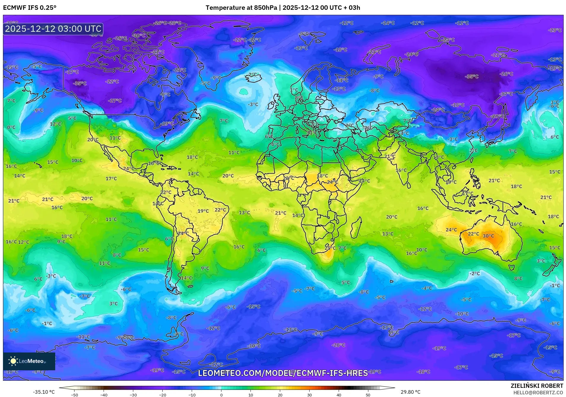 ECMWF IFS 0.25° model - Dunia, Suhu 850 hPa