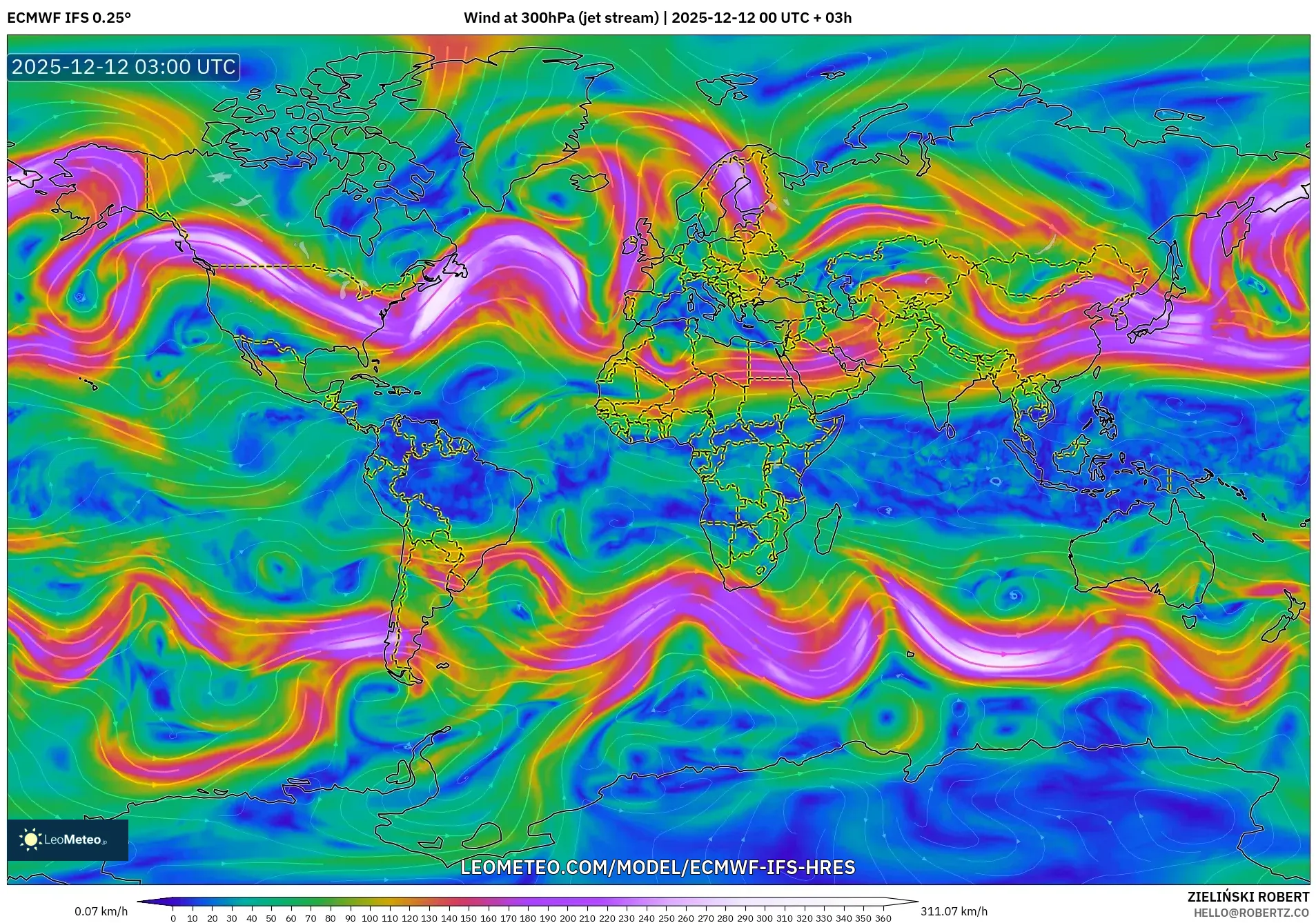 ECMWF IFS 0.25° model - Dunia, Angin 300 hPa (aliran jet)