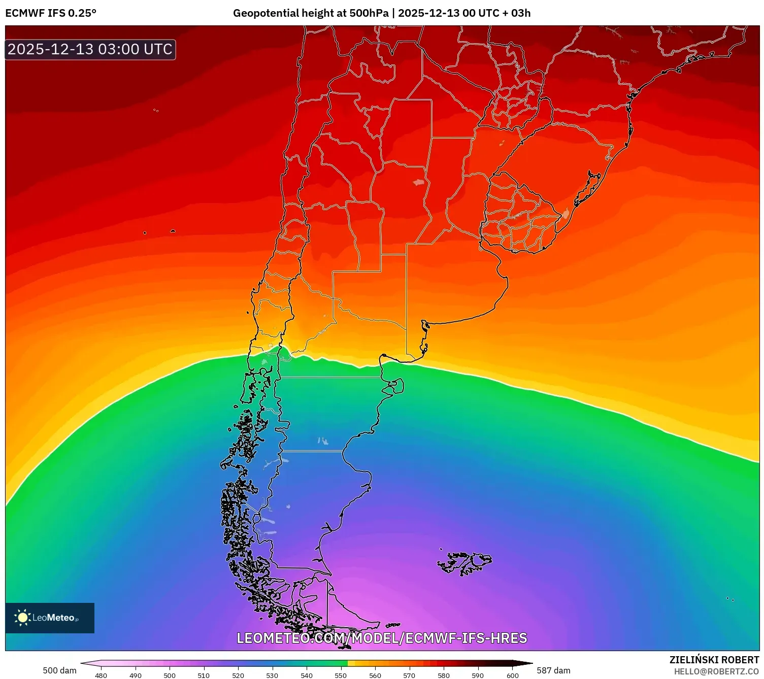 ECMWF IFS 0.25° model - Argentina, Ketinggian geopotensial pada 500 hPa
