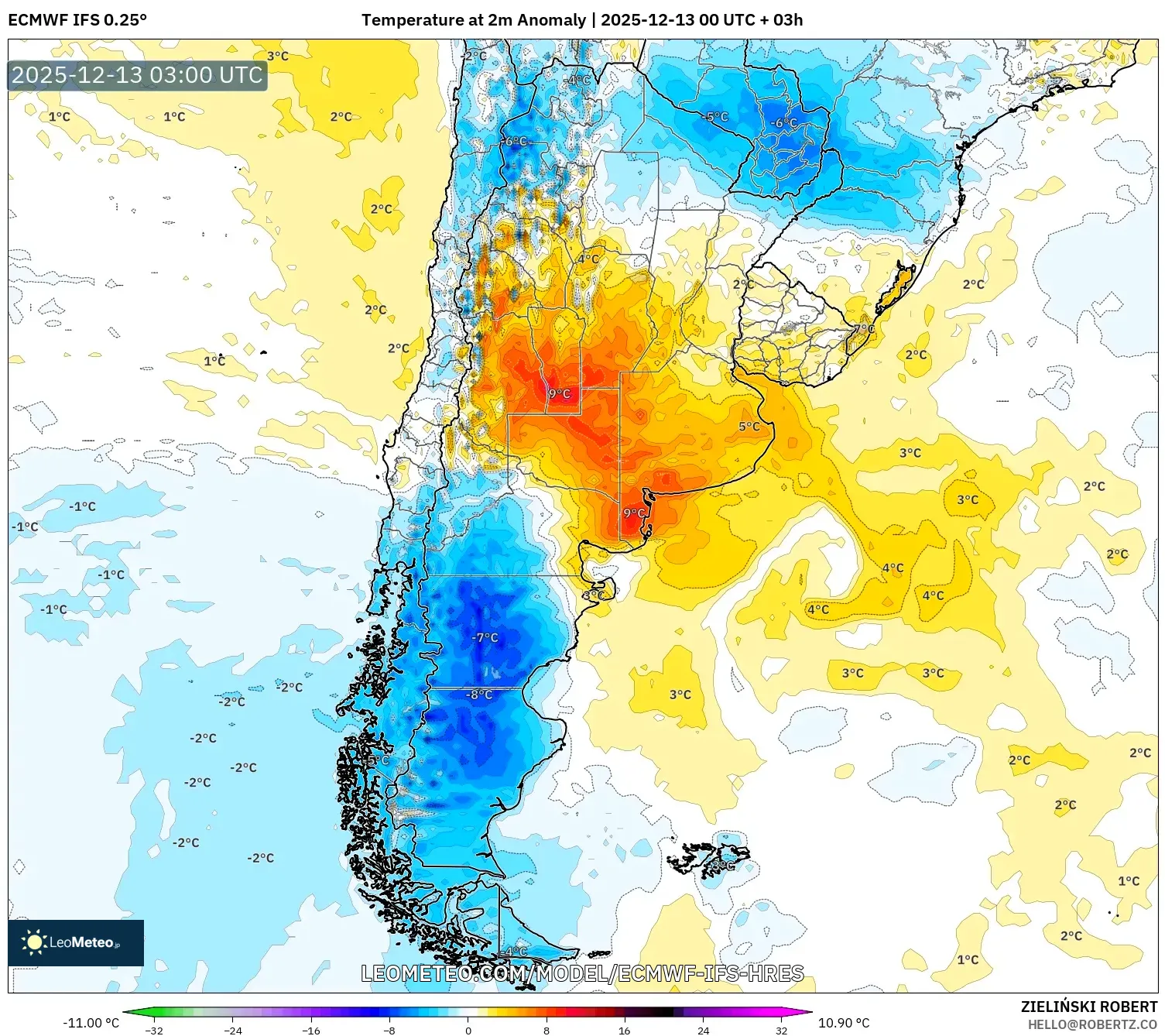 ECMWF IFS 0.25° model - Argentina, Anomali Suhu 2 m