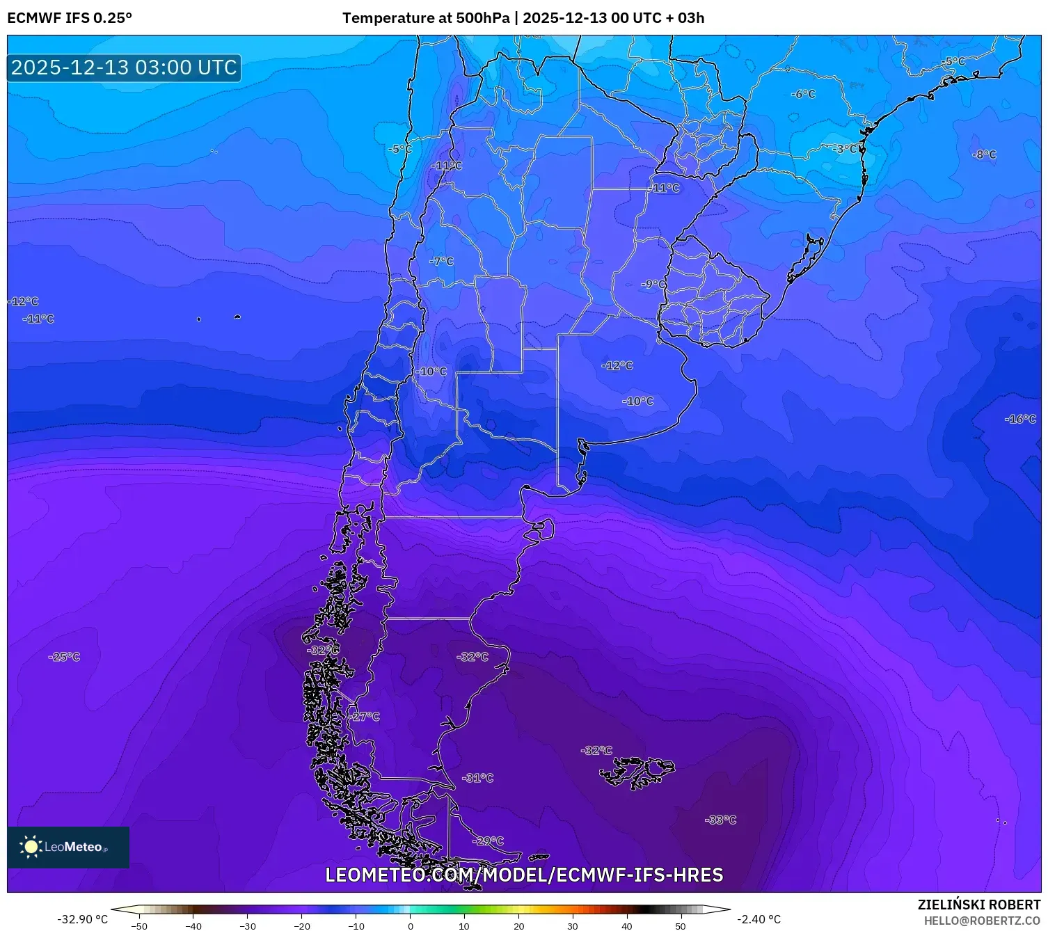 ECMWF IFS 0.25° model - Argentina, Temperature at 500hPa