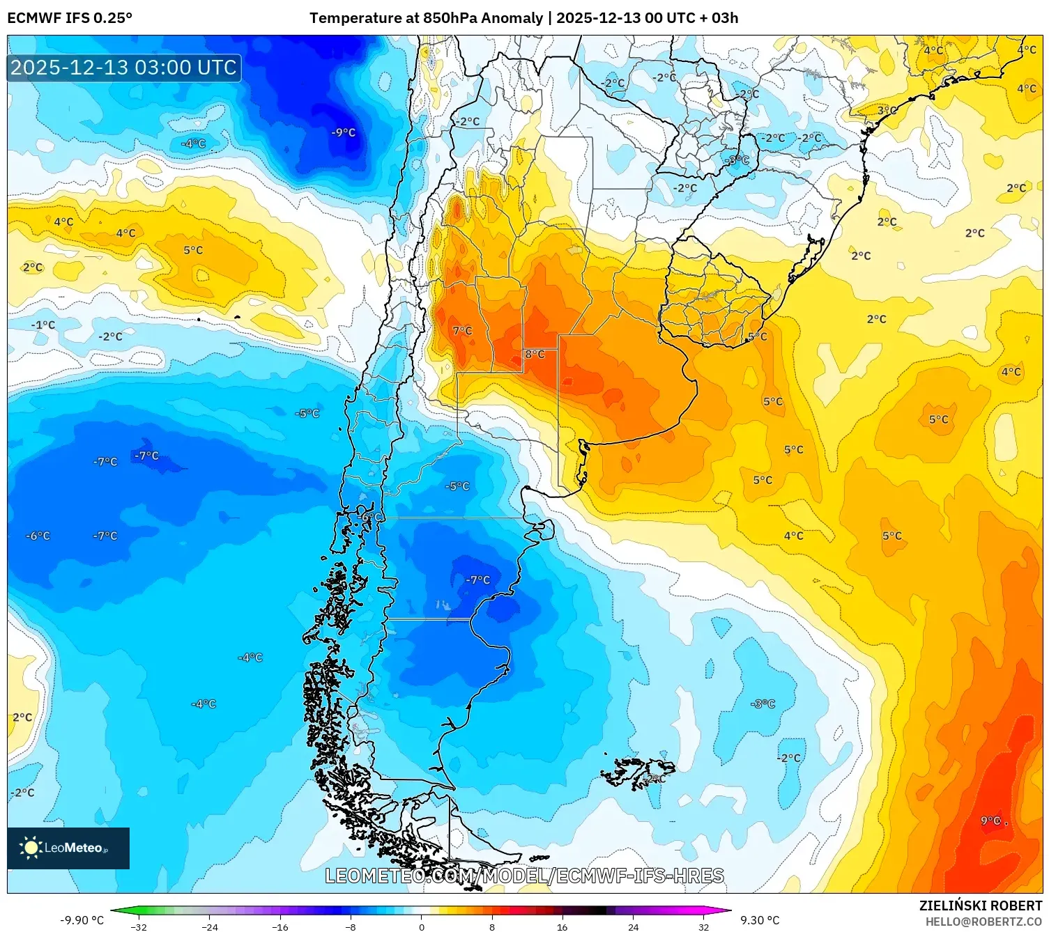 ECMWF IFS 0.25° model - Argentina, Anomali Suhu 850 hPa