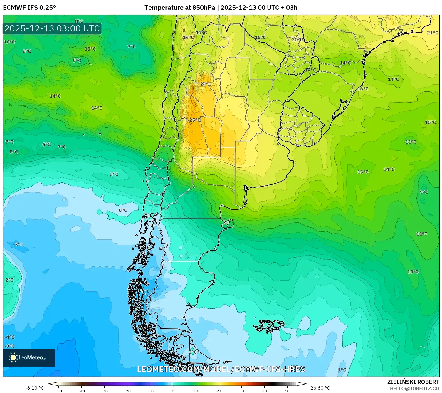 ECMWF IFS 0.25° model - Argentina, Suhu 850 hPa