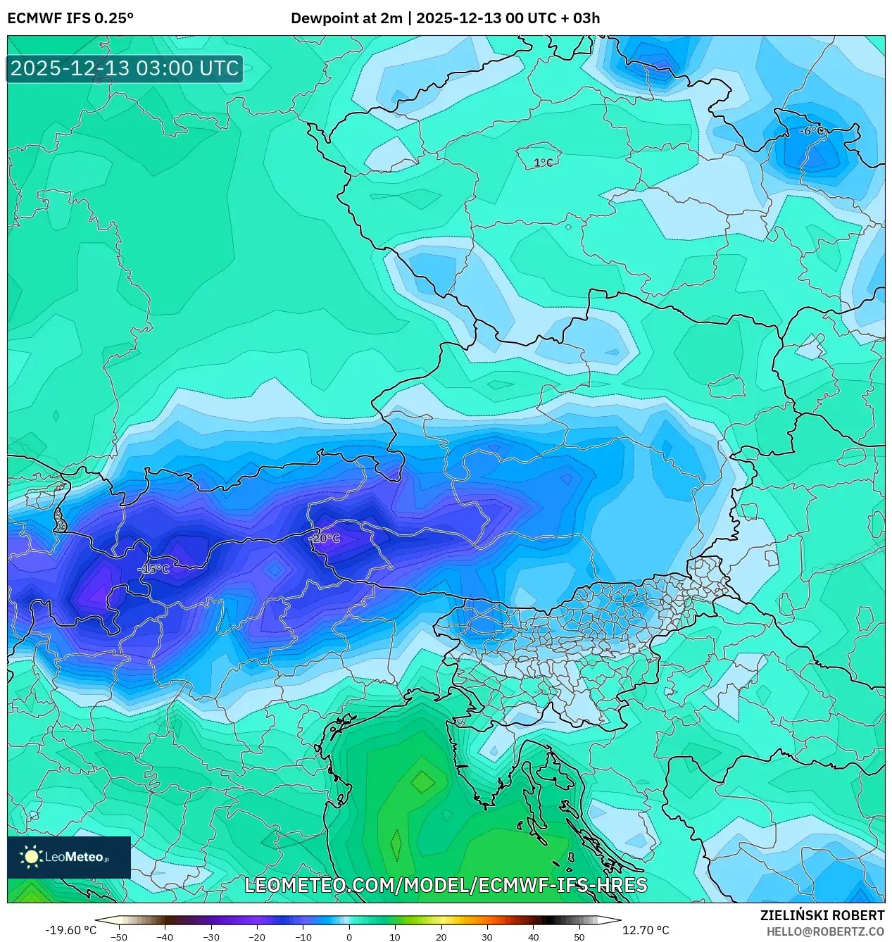 ECMWF IFS 0.25° model - Austria, Titik Embun 2 m