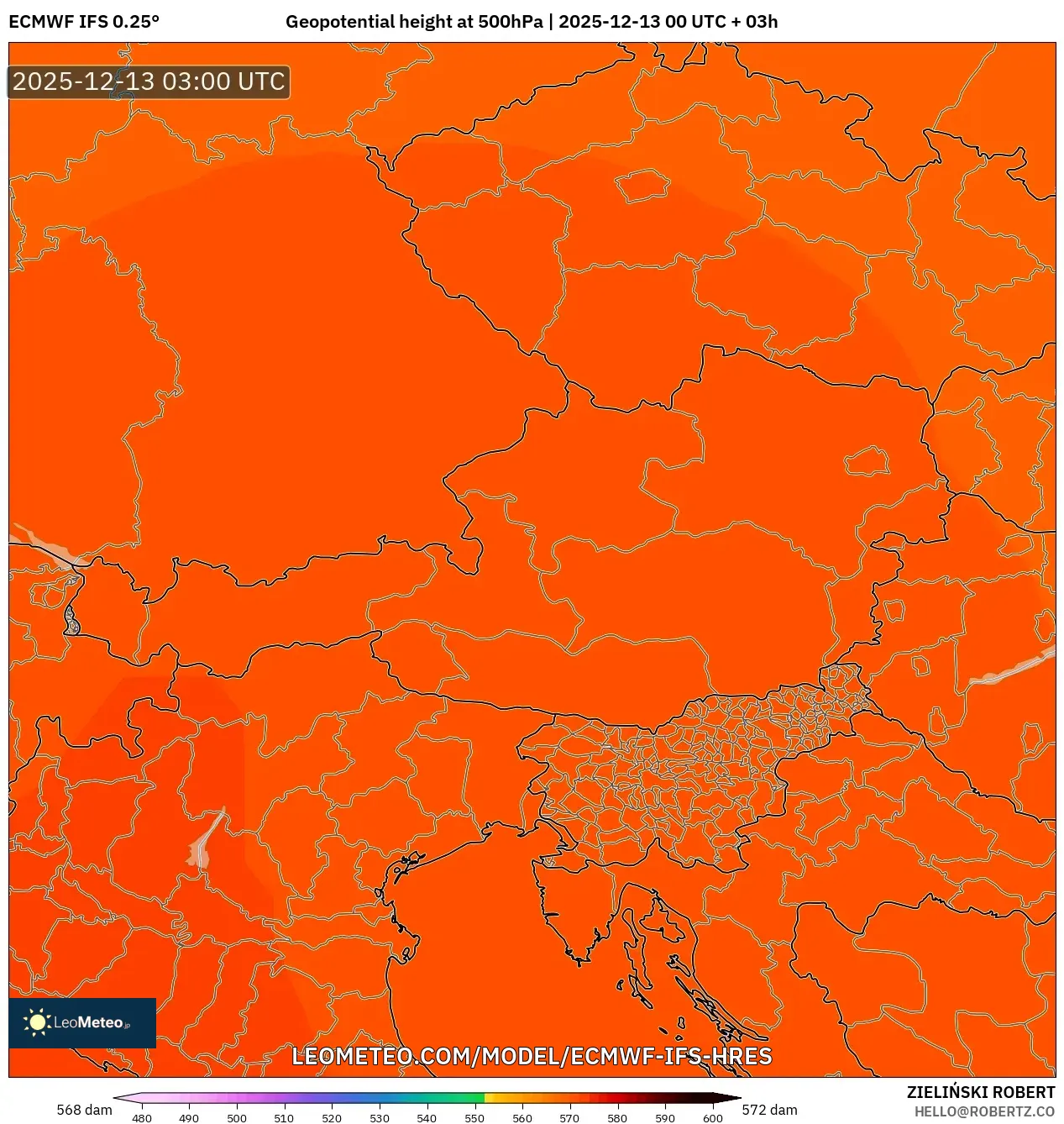 ECMWF IFS 0.25° model - Austria, Geopotential height at 500hPa