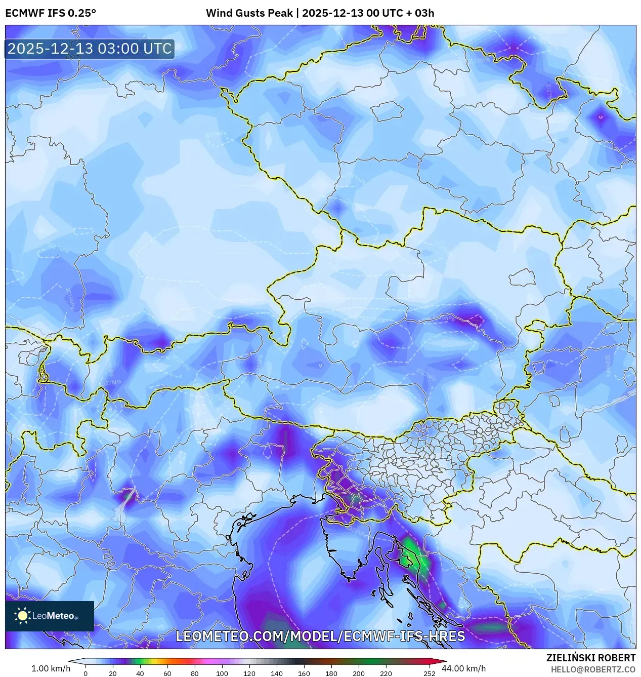 ECMWF IFS 0.25° model - Austria, Puncak Hembusan