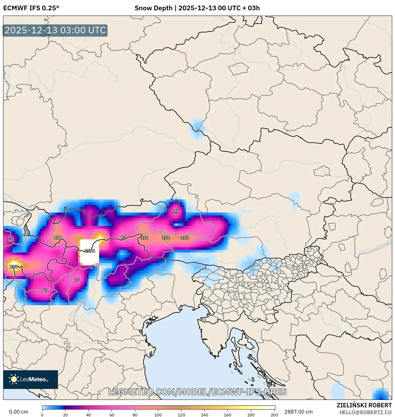 ECMWF IFS 0.25° model - Austria, Snow Depth