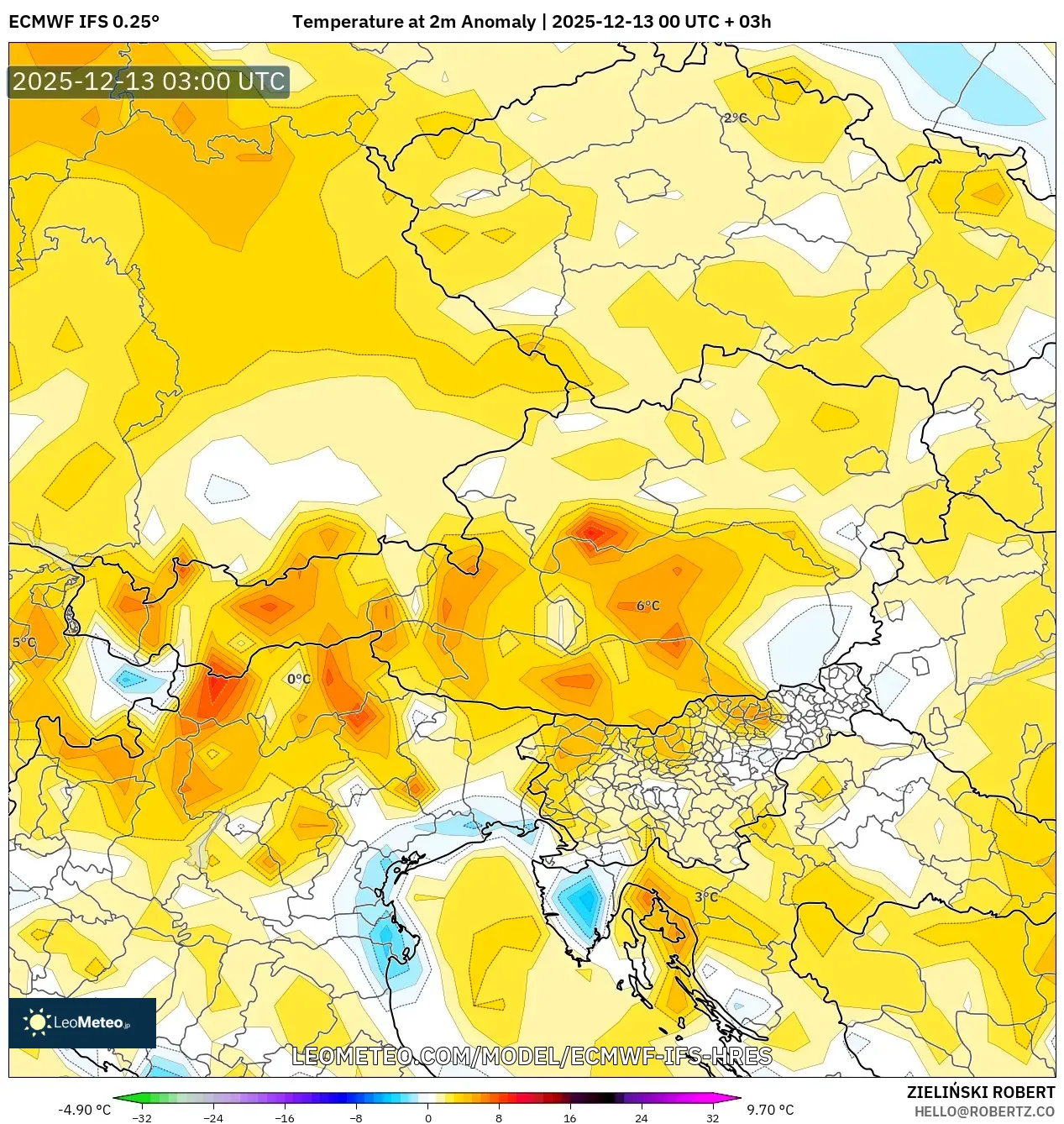 ECMWF IFS 0.25° model - Austria, Anomali Suhu 2 m