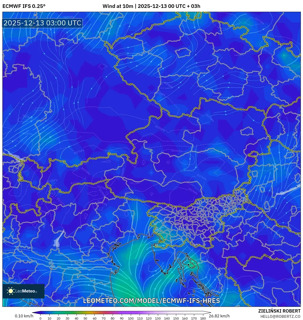 ECMWF IFS 0.25° model - Austria, Angin 10 m