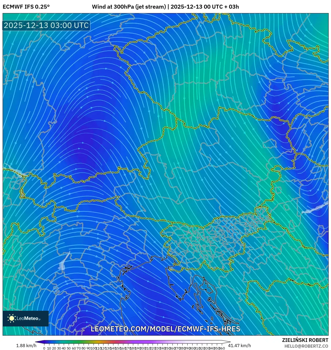 ECMWF IFS 0.25° model - Austria, Angin 300 hPa (aliran jet)