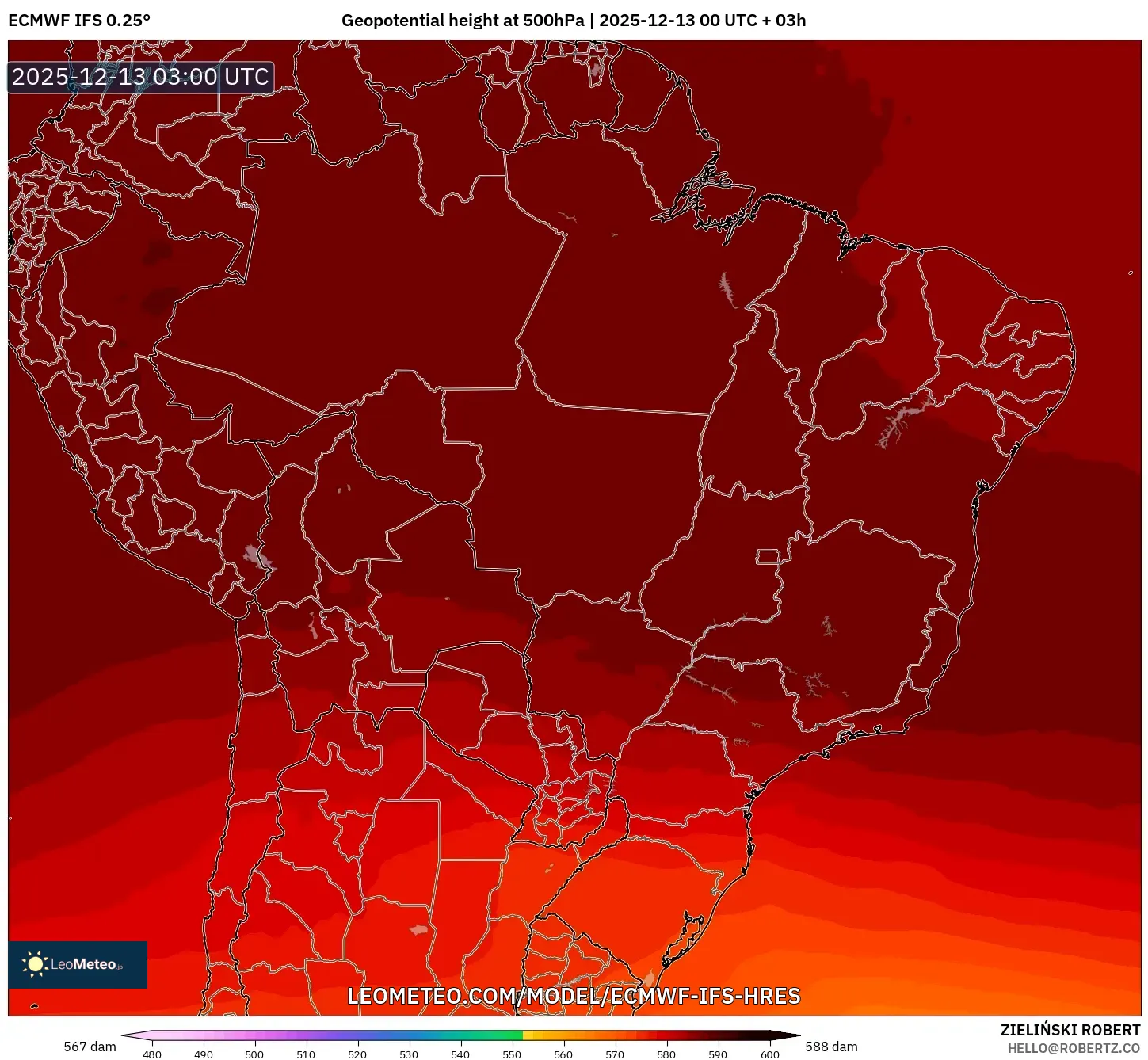 ECMWF IFS 0.25° model - Brasil, Ketinggian geopotensial pada 500 hPa