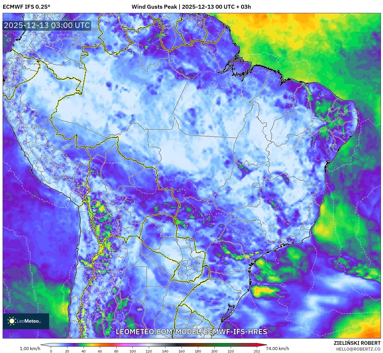 ECMWF IFS 0.25° model - Brasil, Puncak Hembusan