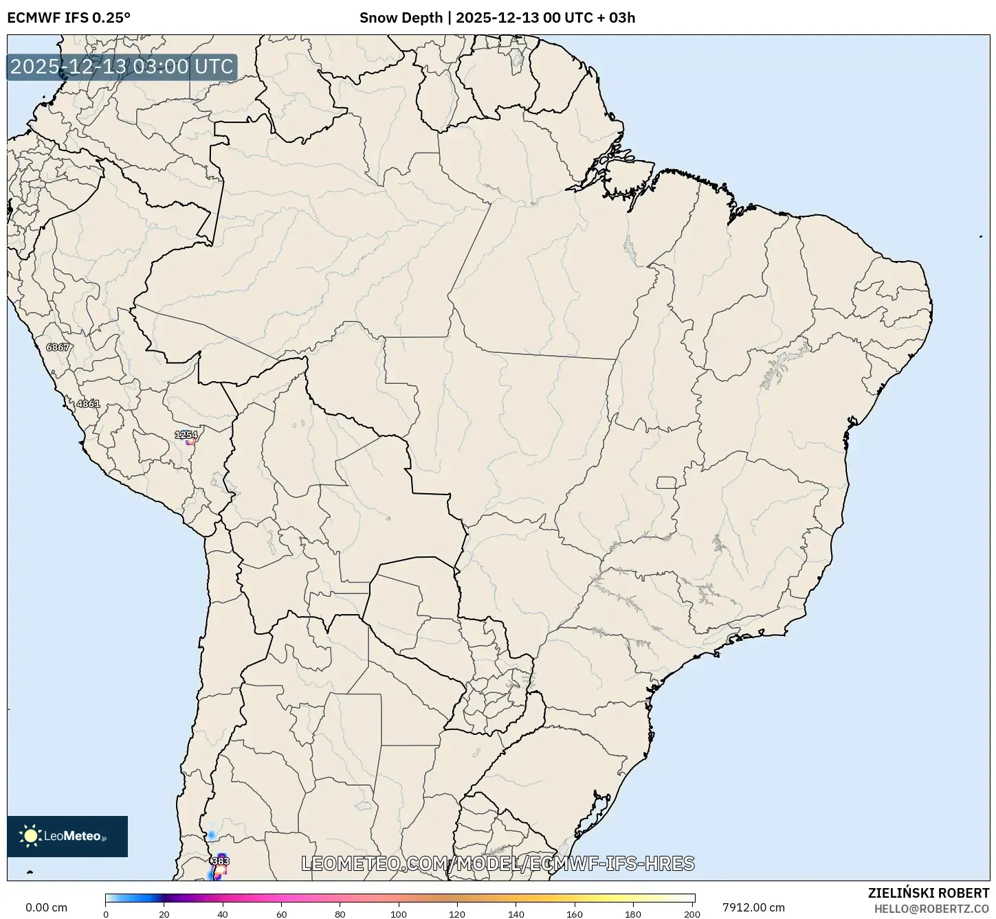 ECMWF IFS 0.25° model - Brasil, Kedalaman Salju