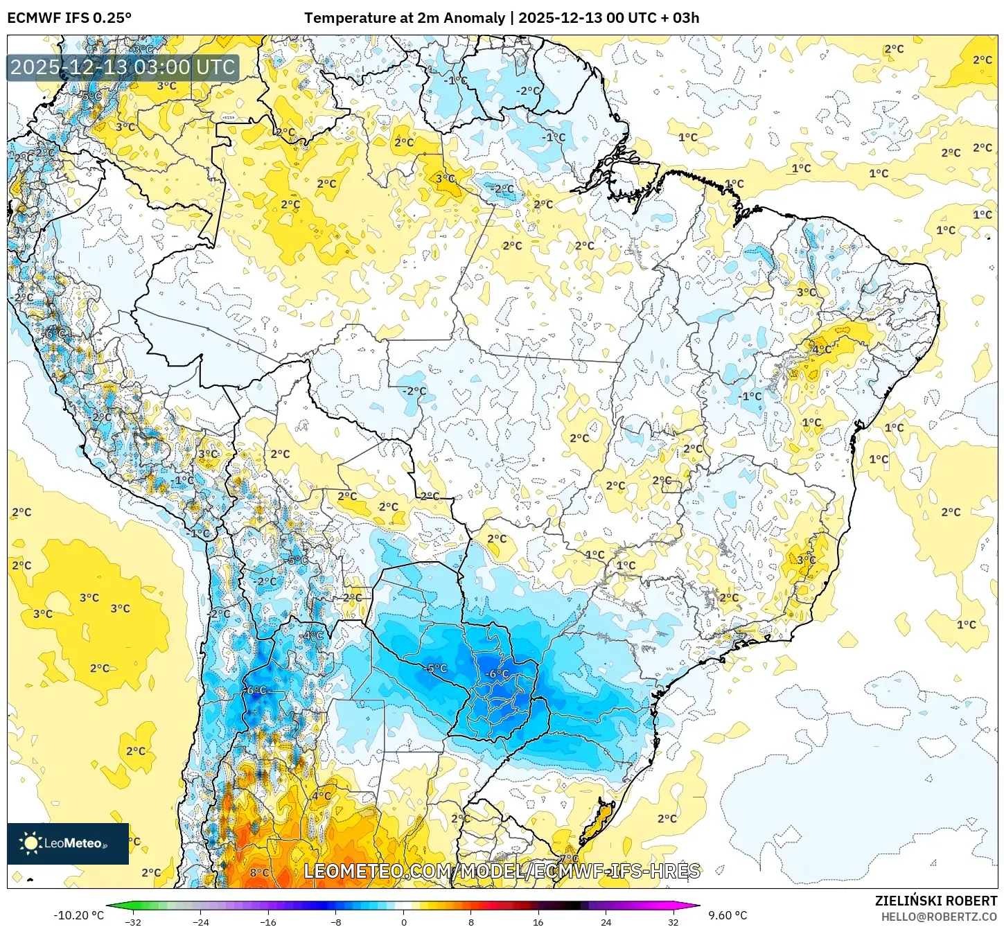 ECMWF IFS 0.25° model - Brazil, Temperature at 2m Anomaly