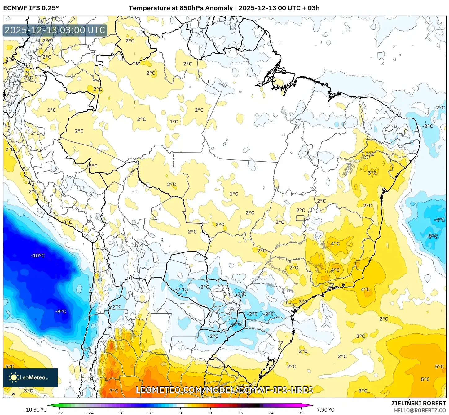 ECMWF IFS 0.25° model - Brasil, Anomali Suhu 850 hPa