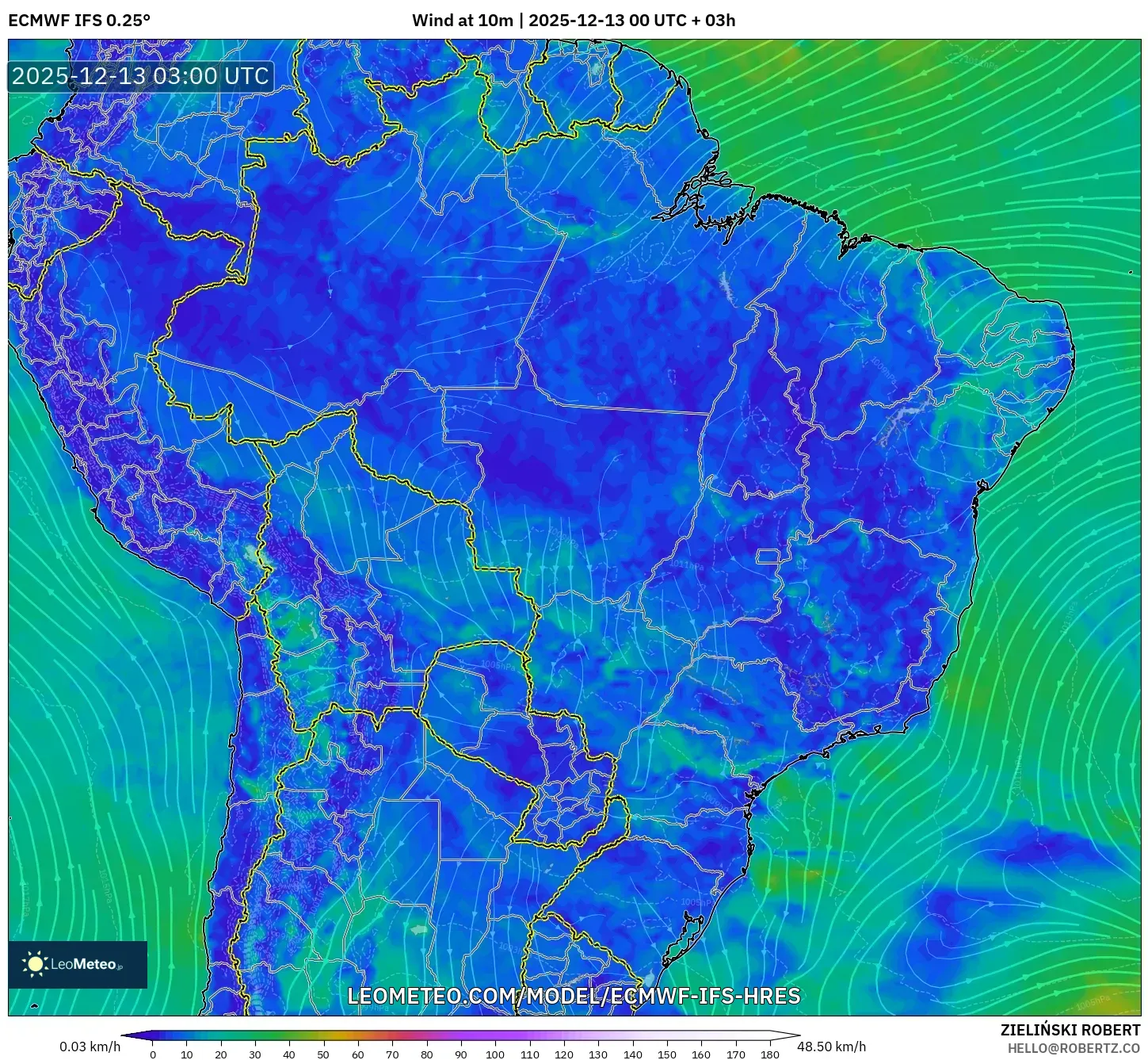 ECMWF IFS 0.25° model - Brazil, Wind at 10m
