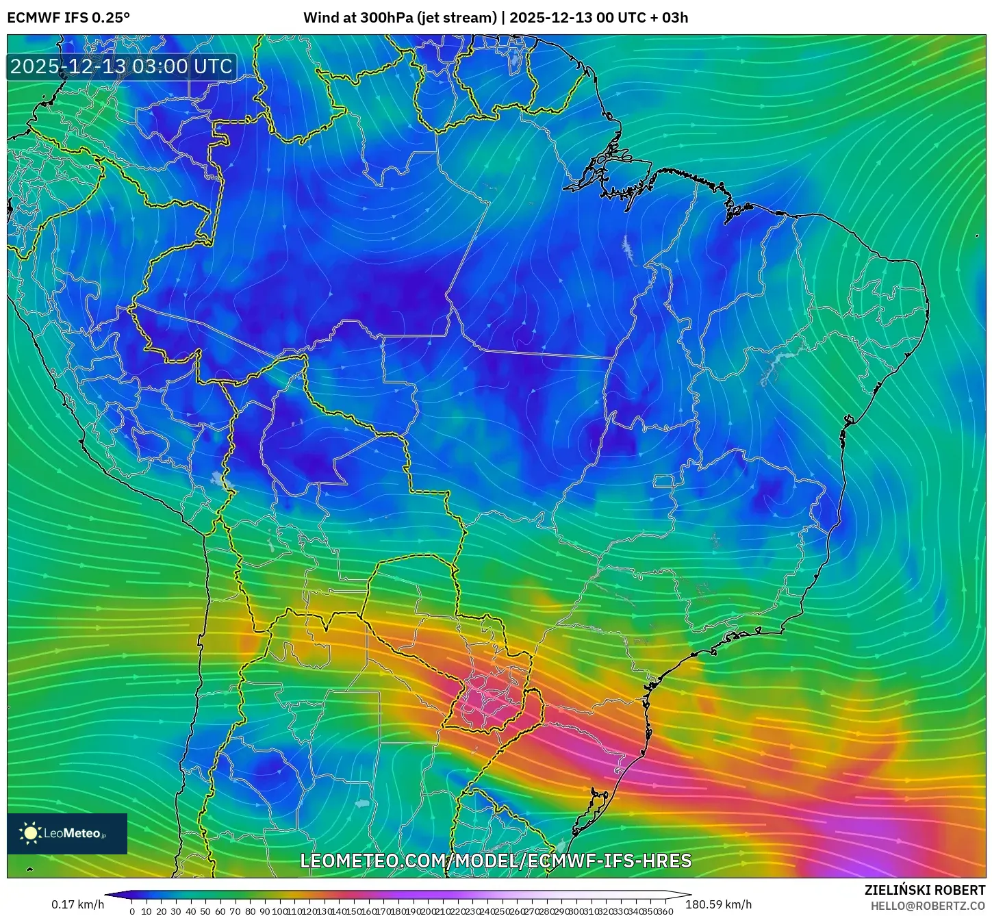 ECMWF IFS 0.25° model - Brasil, Angin 300 hPa (aliran jet)