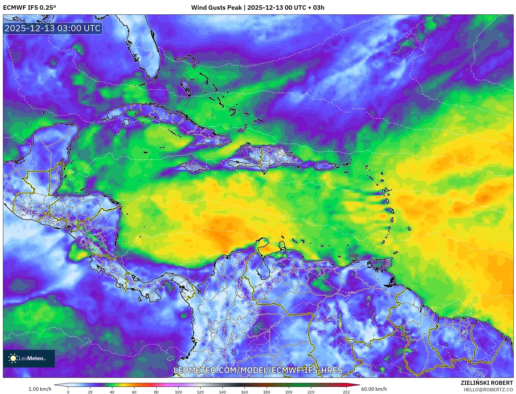 ECMWF IFS 0.25° model - Karibia, Puncak Hembusan