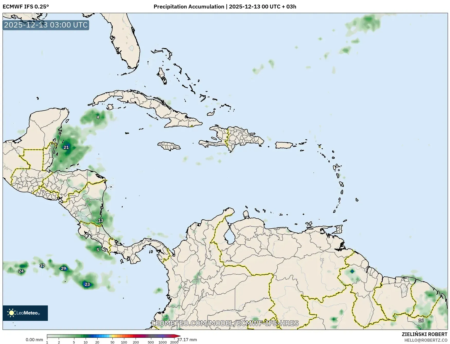 ECMWF IFS 0.25° model - Karibia, Akumulasi Curah Hujan