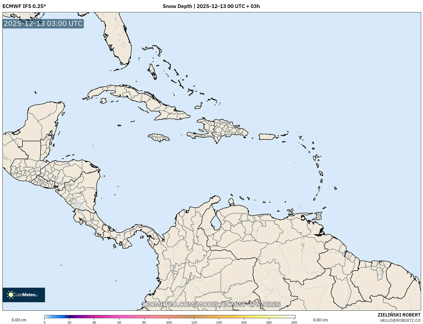 ECMWF IFS 0.25° model - Caribbean, Snow Depth