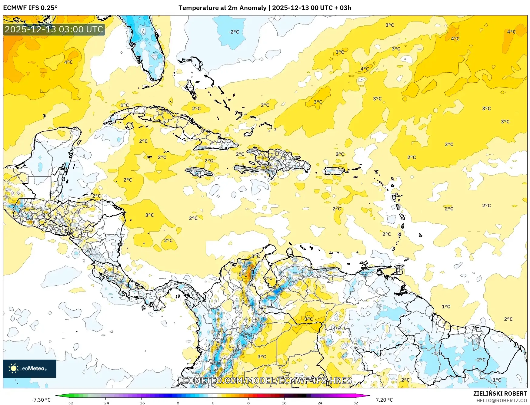 ECMWF IFS 0.25° model - Karibia, Anomali Suhu 2 m