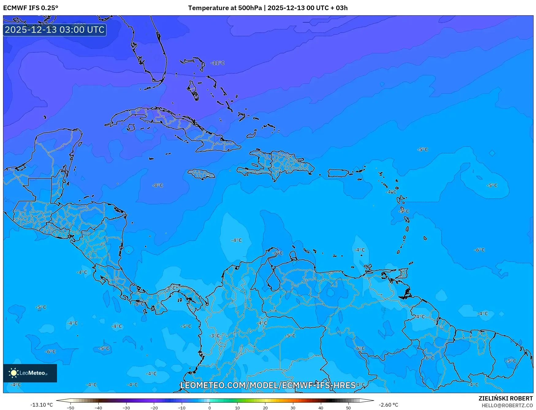 ECMWF IFS 0.25° model - Caribbean, Temperature at 500hPa