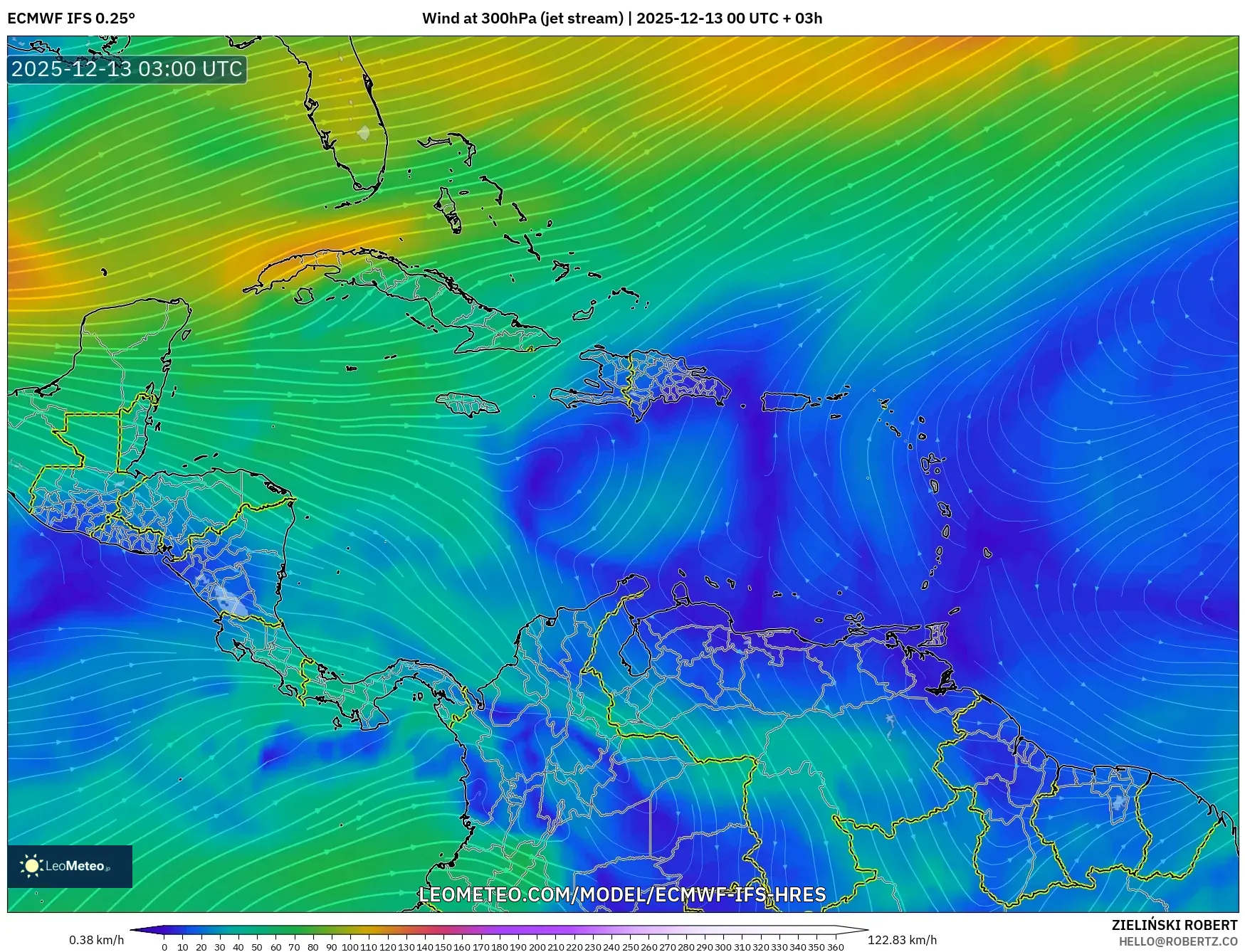 ECMWF IFS 0.25° model - Karibia, Angin 300 hPa (aliran jet)