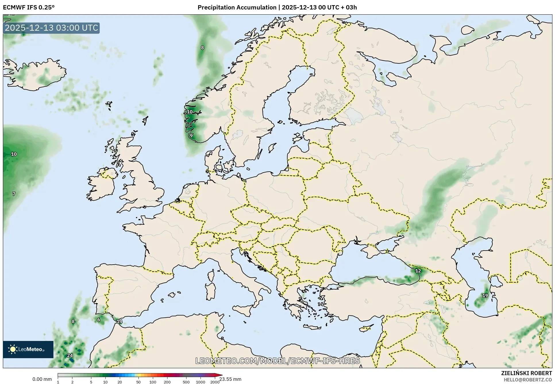 ECMWF IFS 0.25° model - Eropa, Akumulasi Curah Hujan