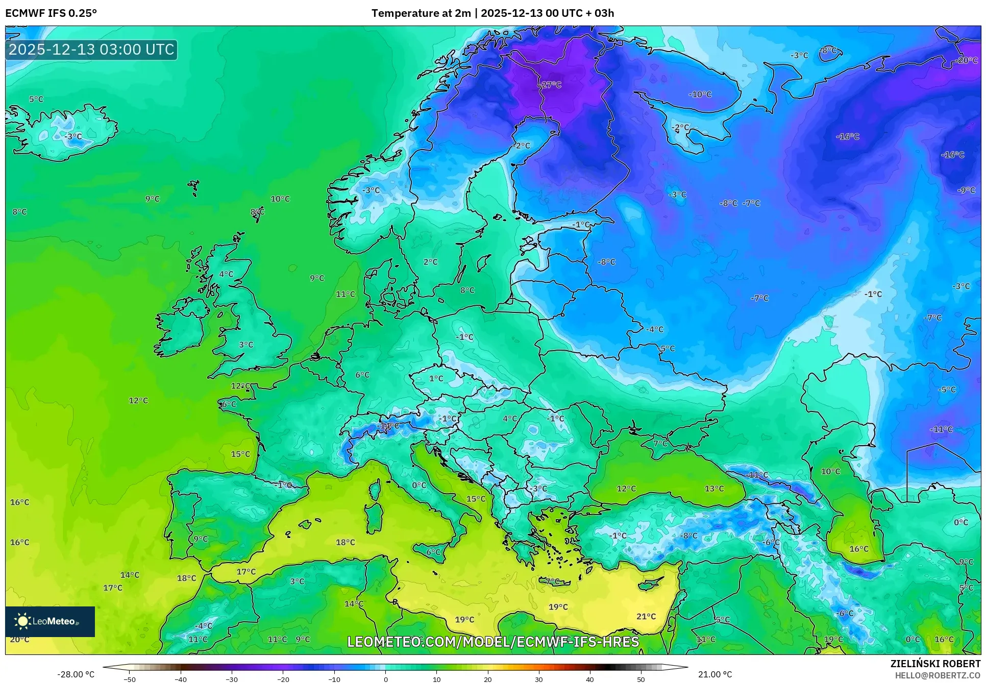 ECMWF IFS 0.25° model - Eropa, Suhu 2 m