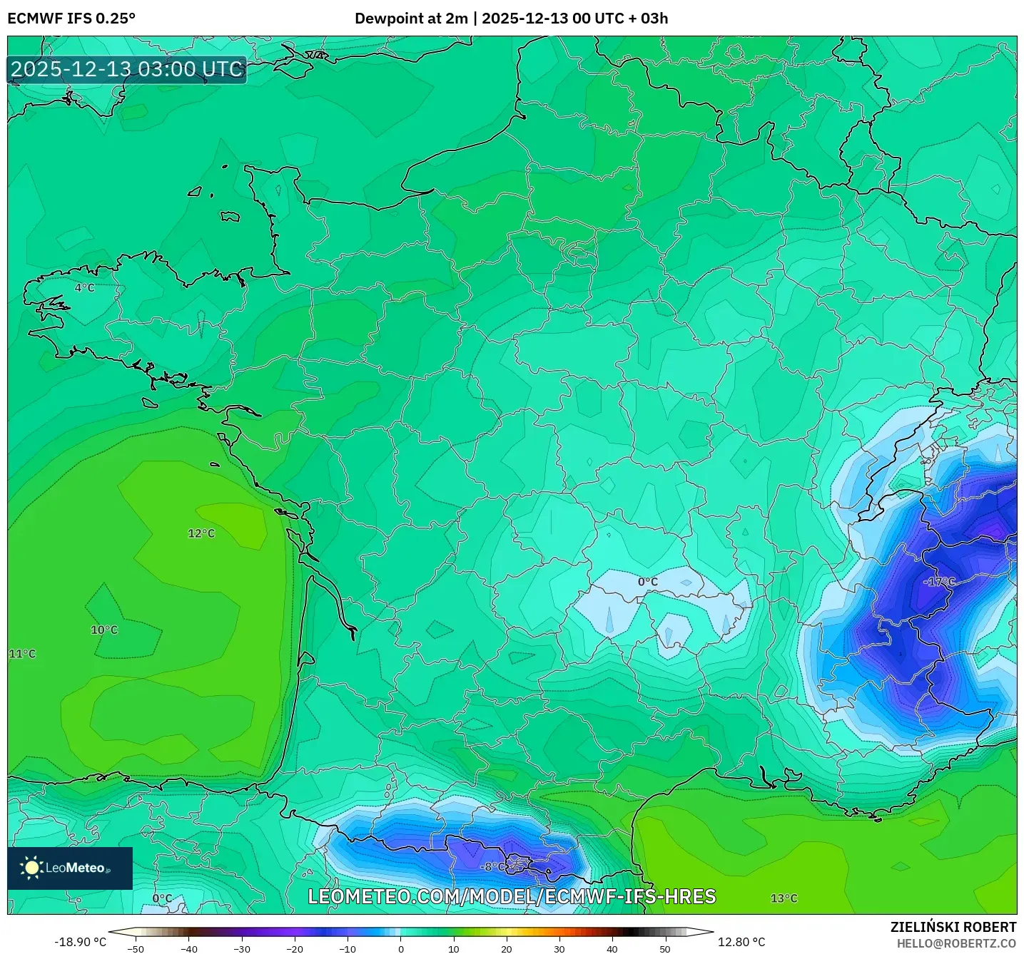 ECMWF IFS 0.25° model - Prancis, Titik Embun 2 m