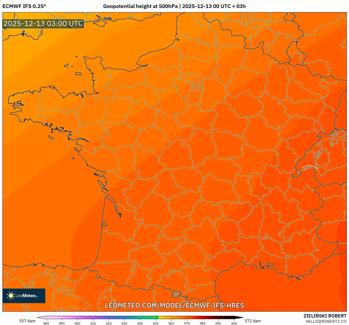 ECMWF IFS 0.25° model - Prancis, Ketinggian geopotensial pada 500 hPa