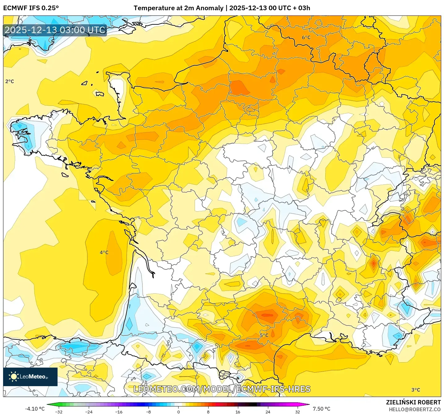 ECMWF IFS 0.25° model - France, Temperature at 2m Anomaly