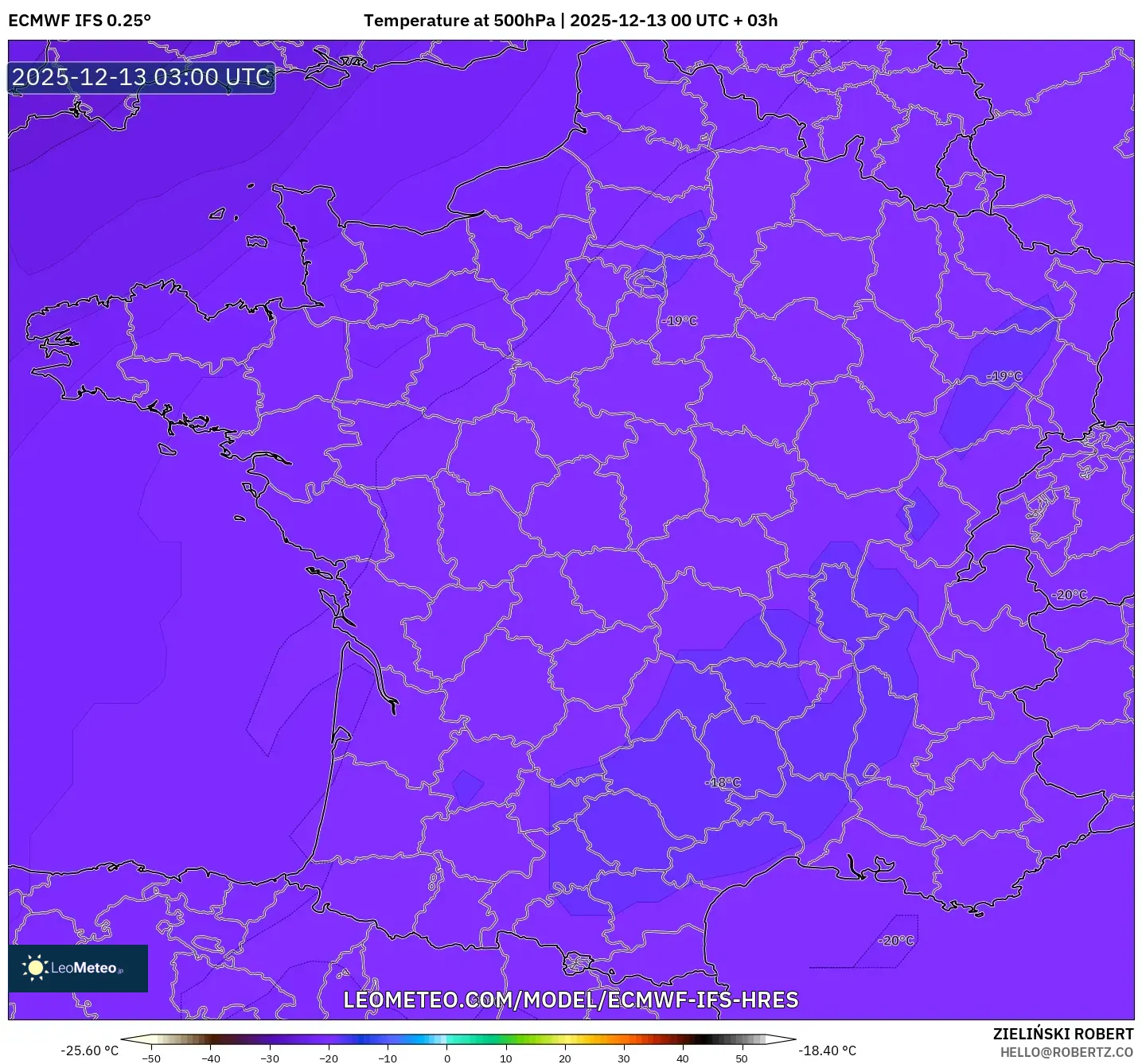 ECMWF IFS 0.25° model - France, Temperature at 500hPa