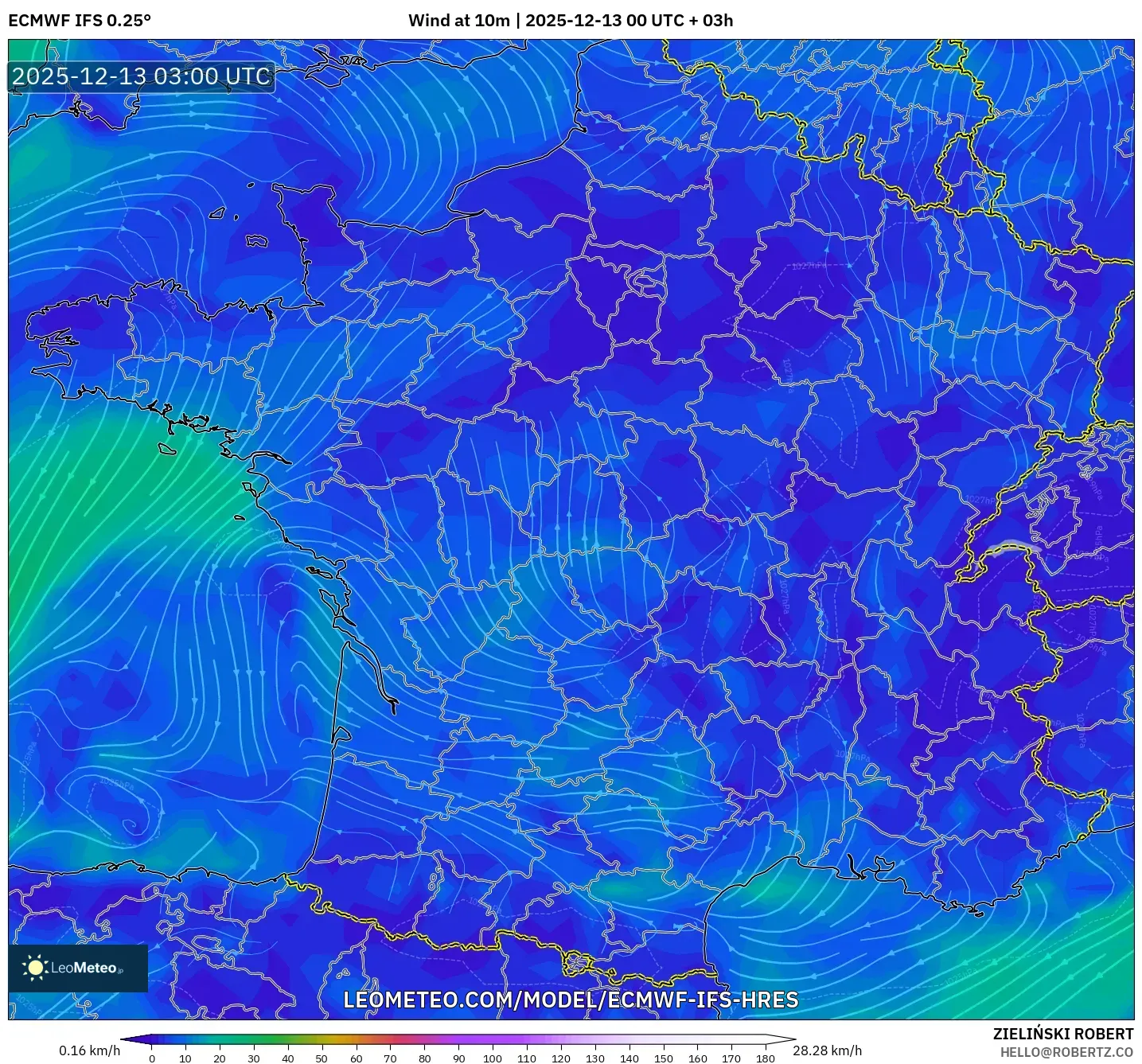 ECMWF IFS 0.25° model - Prancis, Angin 10 m