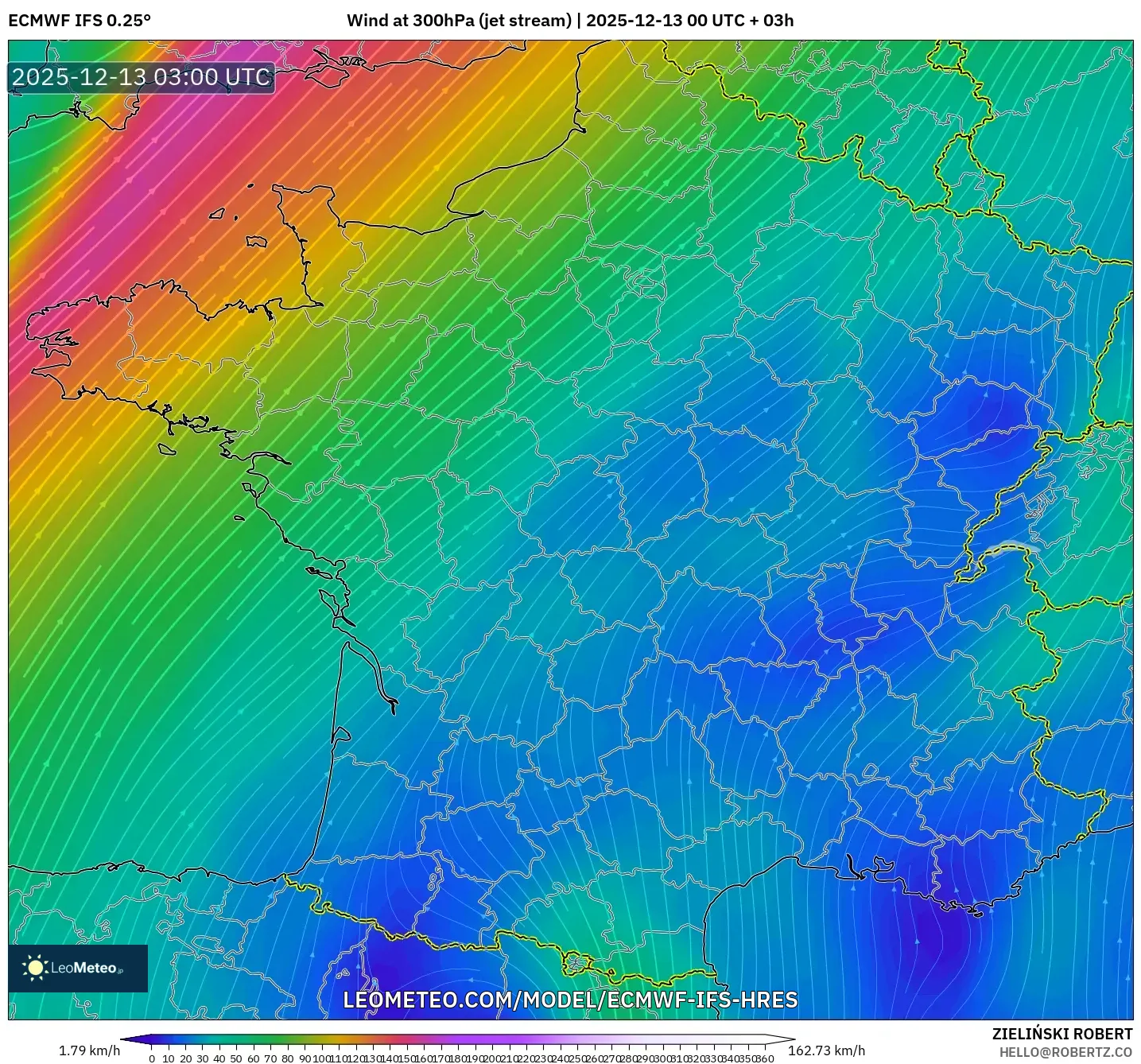 ECMWF IFS 0.25° model - Prancis, Angin 300 hPa (aliran jet)